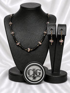 Black-Pink Crystal & Floral Necklace & Earrings Set