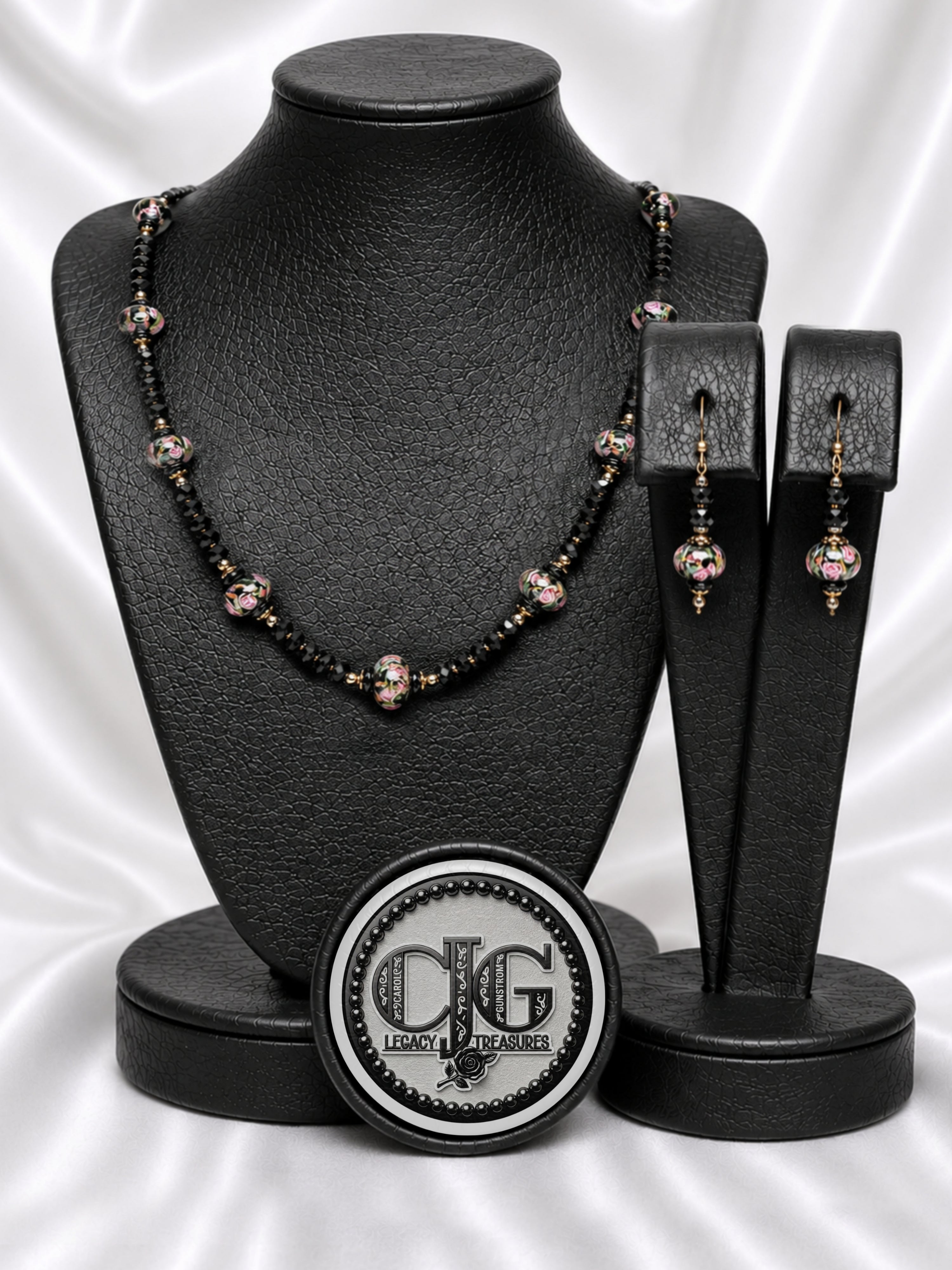 Black-Pink Crystal & Floral Necklace & Earrings Set