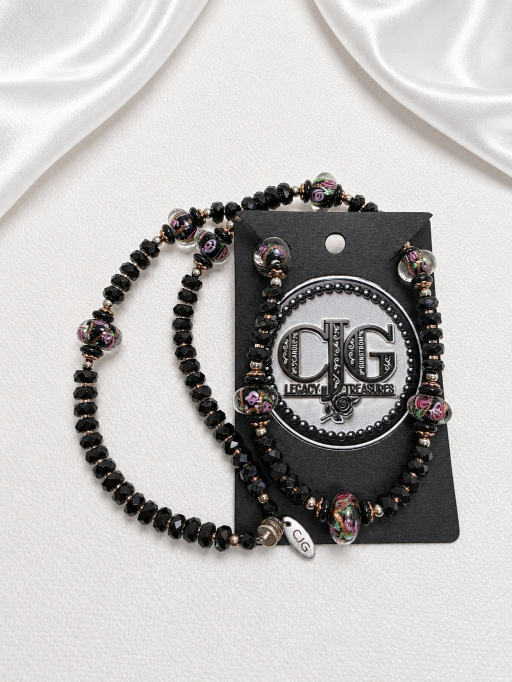 Black-Pink Crystal & Floral Necklace