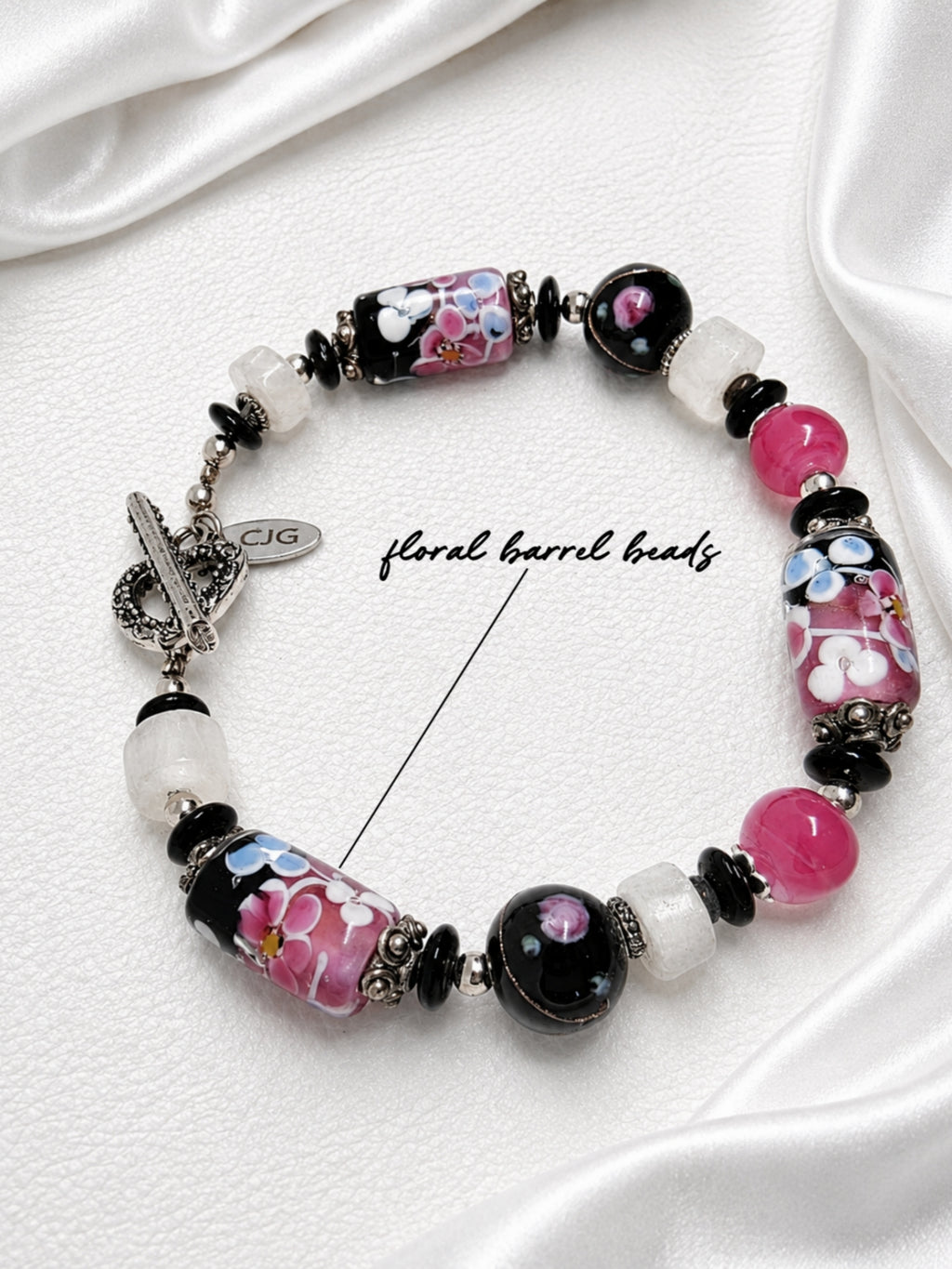 Pink & Black Floral Lampwork Bracelet