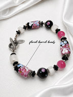 Pink & Black Floral Lampwork Bracelet