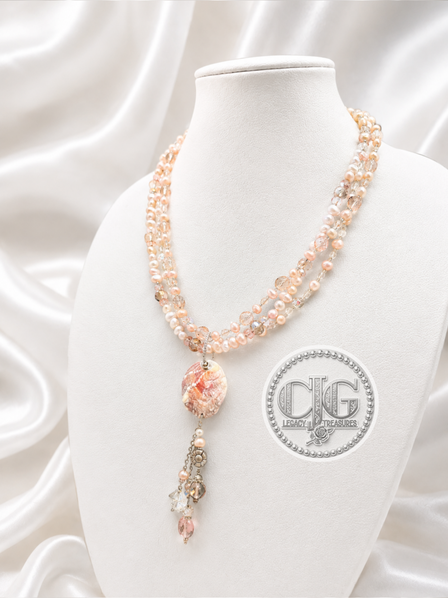 Rose & Coral Multi-Strand Pearl & Crystal Sea Shell Pendant Necklace