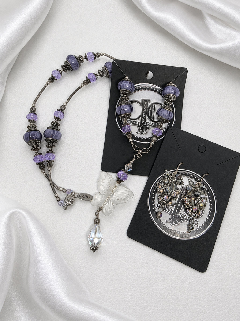 Lavender Butterfly Pandora Necklace & Crystal Earrings Set