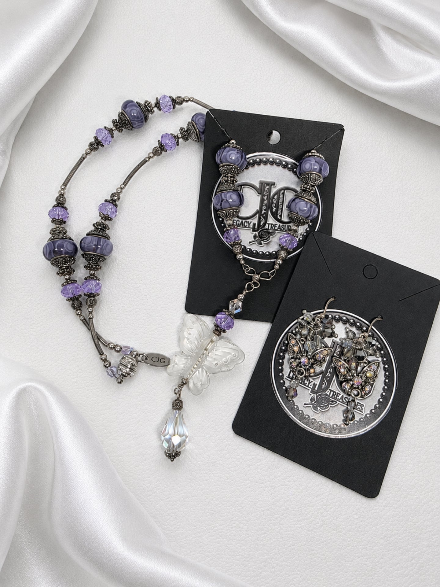 Lavender Butterfly Pandora Necklace & Crystal Earrings Set