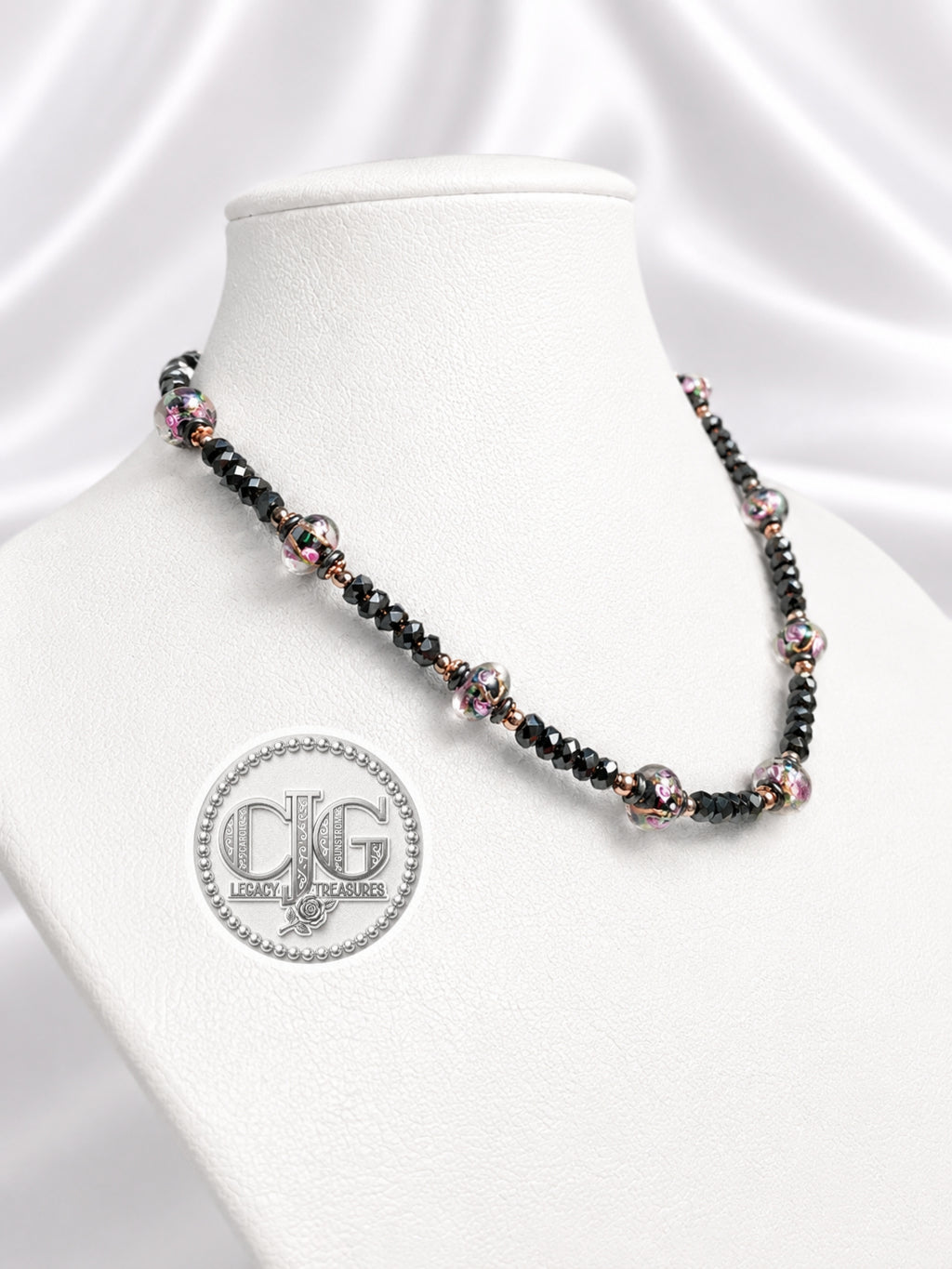 Black Crystal & Floral Resin Bead Necklace