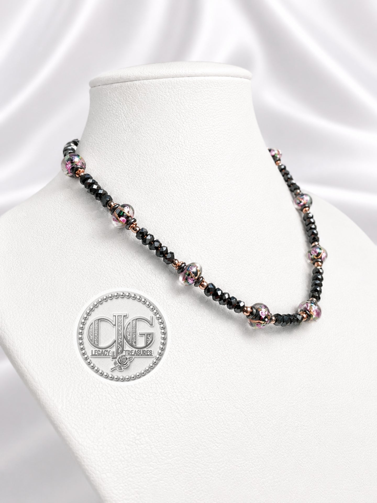 Black Crystal & Floral Resin Bead Necklace