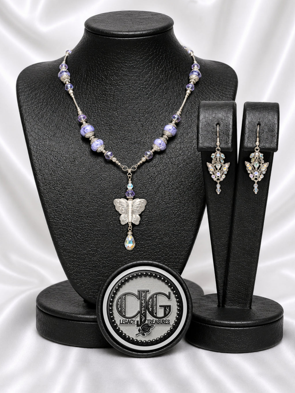 Lavender Butterfly Pandora Necklace & Crystal Earrings Set