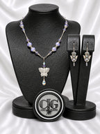 Lavender Butterfly Pandora Necklace & Crystal Earrings Set