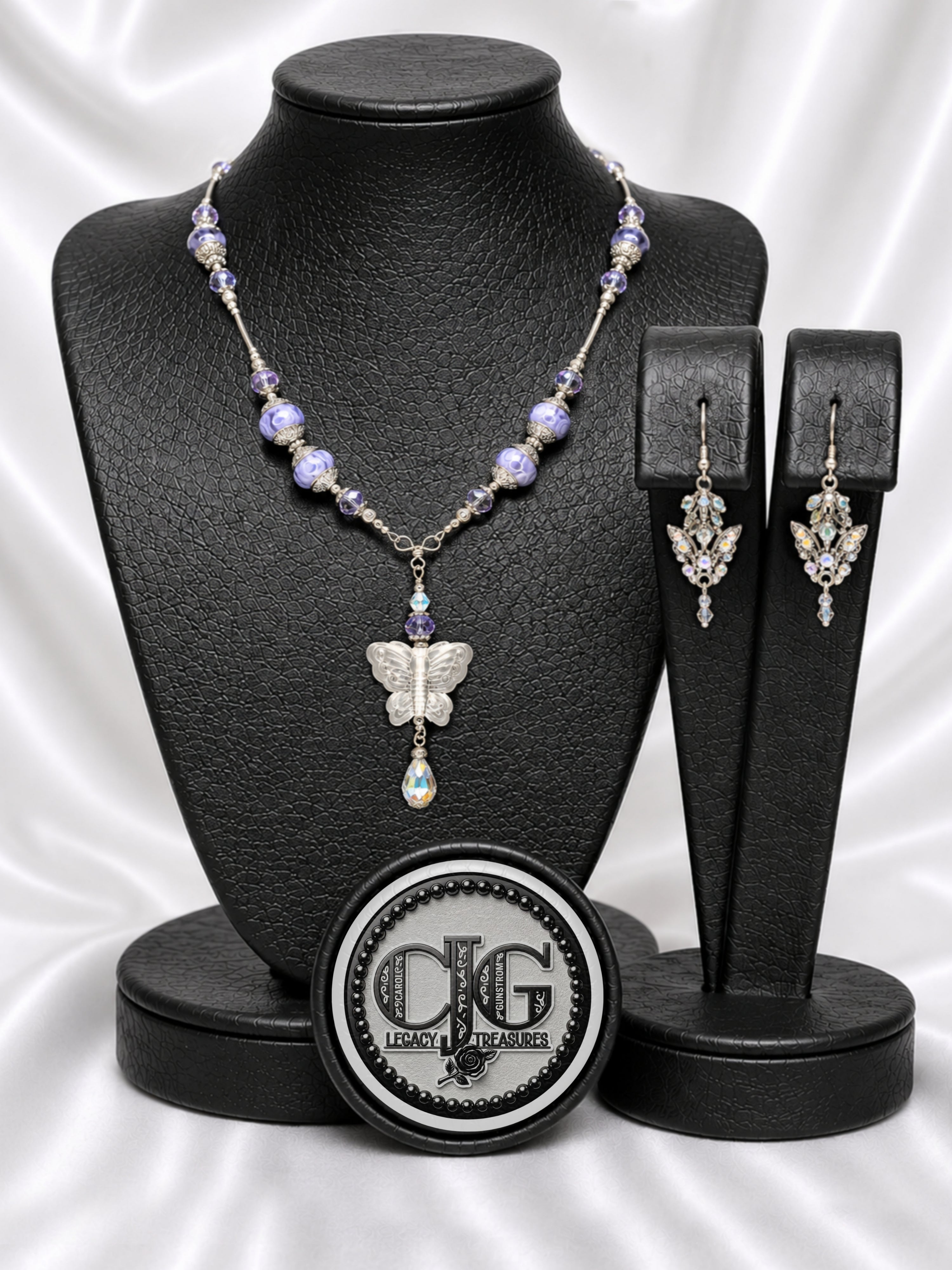 Lavender Butterfly Pandora Necklace & Crystal Earrings Set