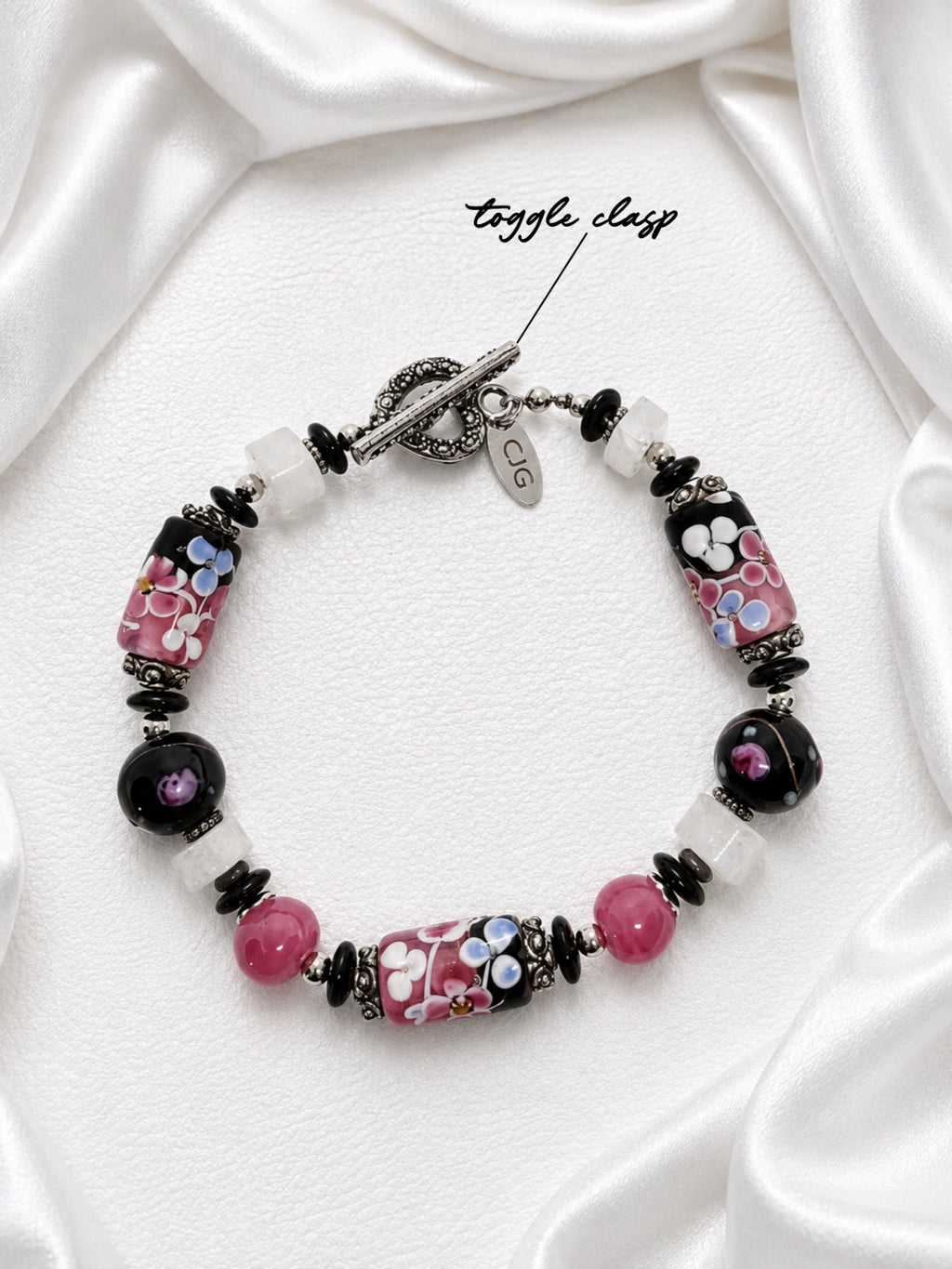 Pink & Black Floral Lampwork Bracelet