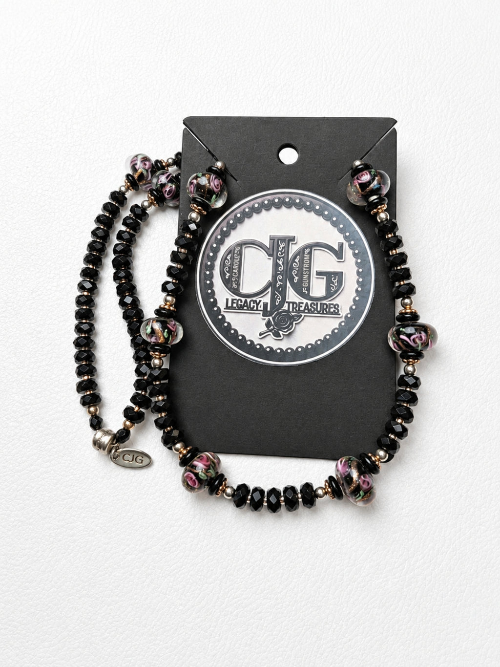 Black Crystal & Floral Resin Bead Necklace