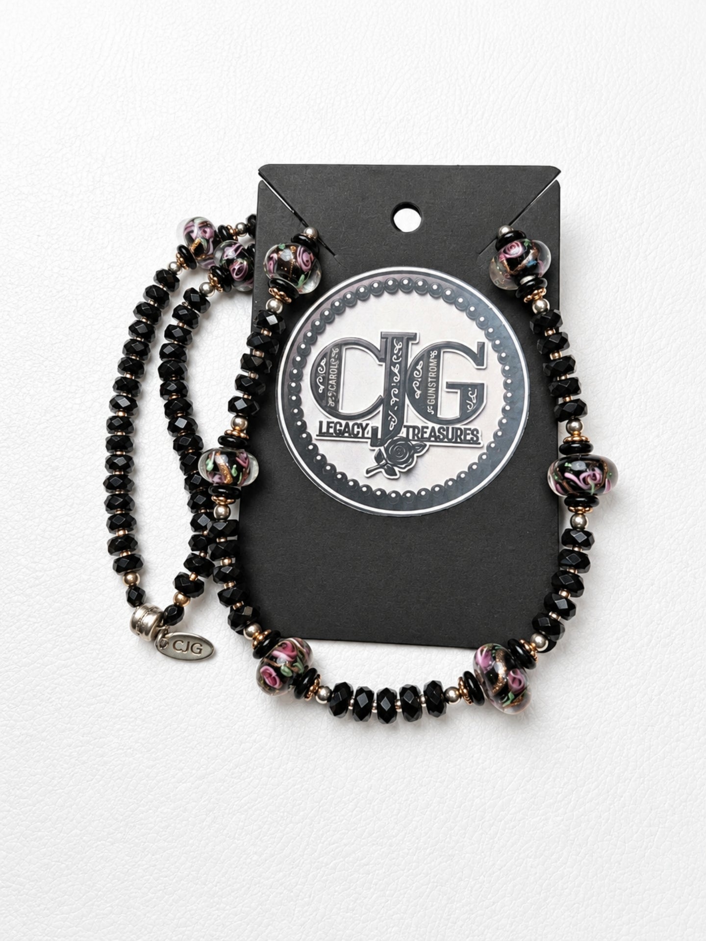 Black Crystal & Floral Resin Bead Necklace