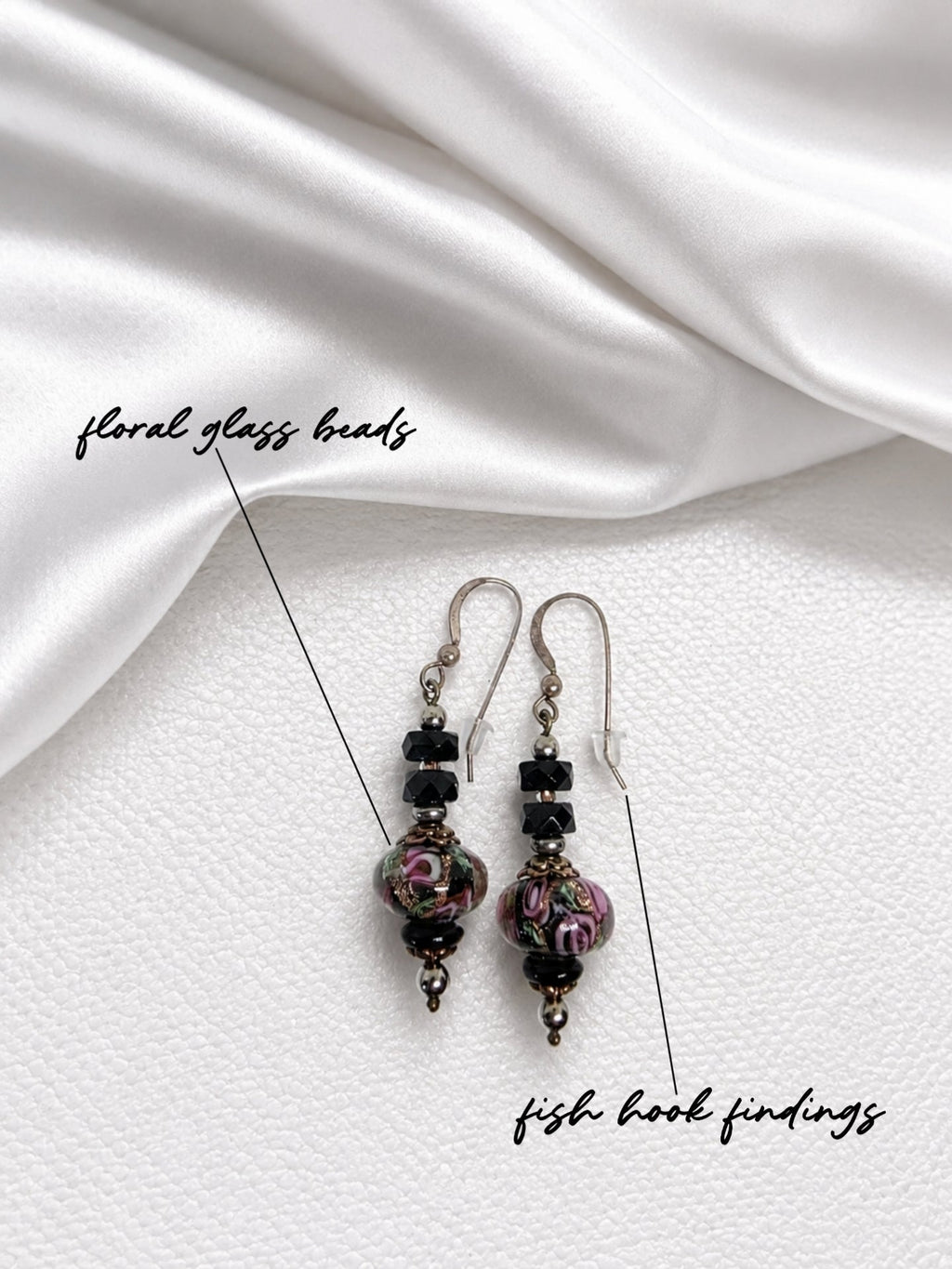Black-Pink Crystal & Floral Earrings