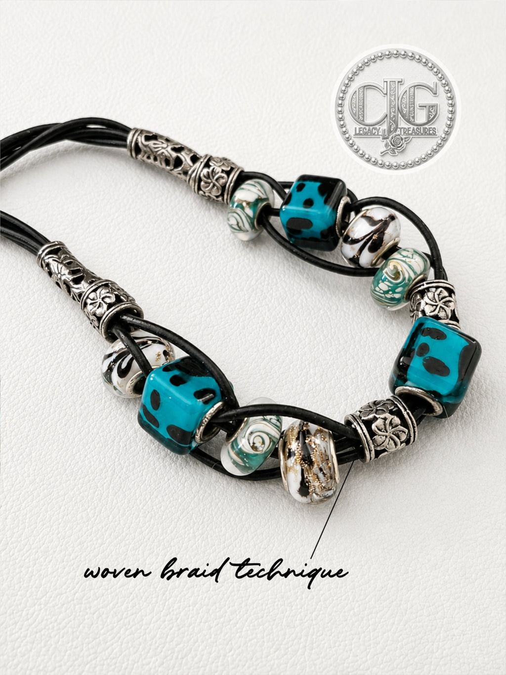 Teal Spotted Lampwork & Leather Woven Necklace