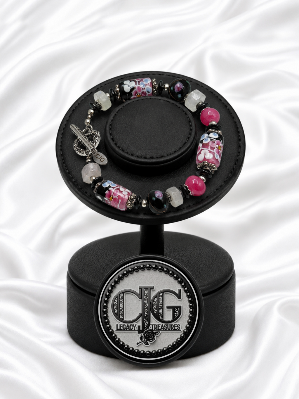 Pink & Black Floral Lampwork Bracelet