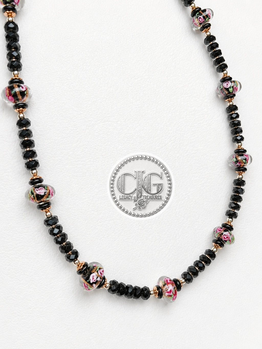 Black Crystal & Floral Resin Bead Necklace