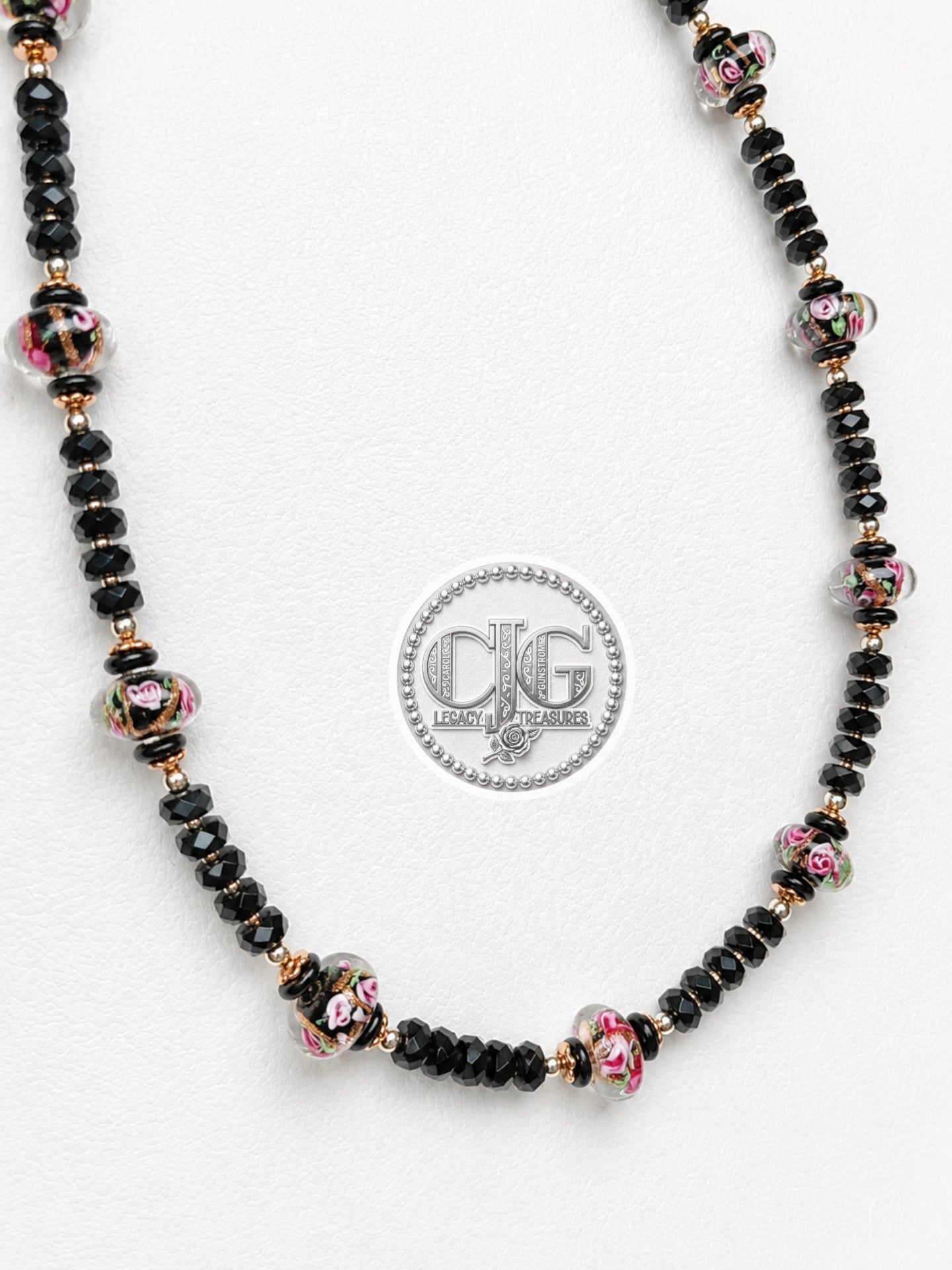 Black Crystal & Floral Resin Bead Necklace