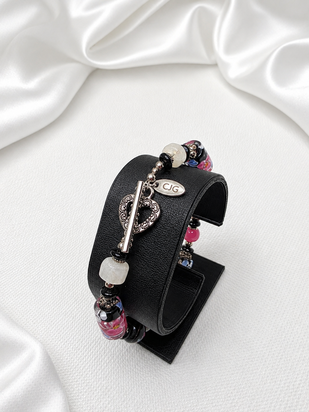 Pink & Black Floral Lampwork Bracelet