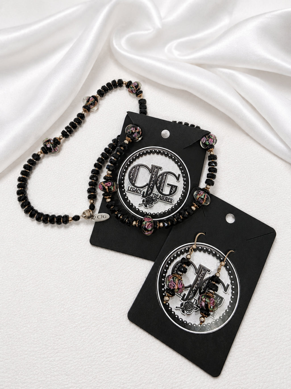 Black-Pink Crystal & Floral Necklace & Earrings Set