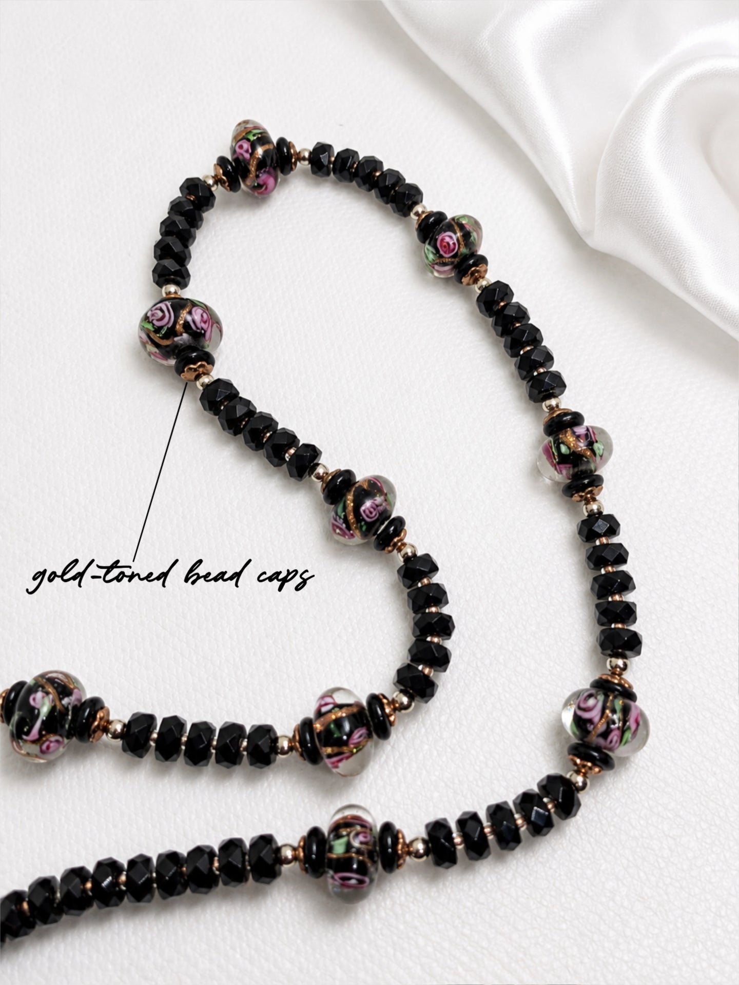 Black-Pink Crystal & Floral Necklace