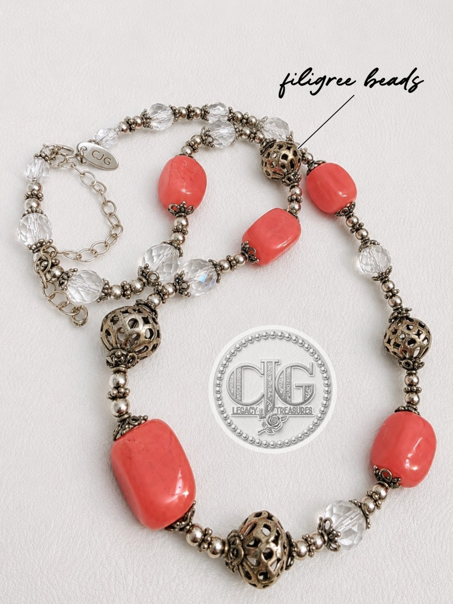 Coral Filigree & Crystal Necklace
