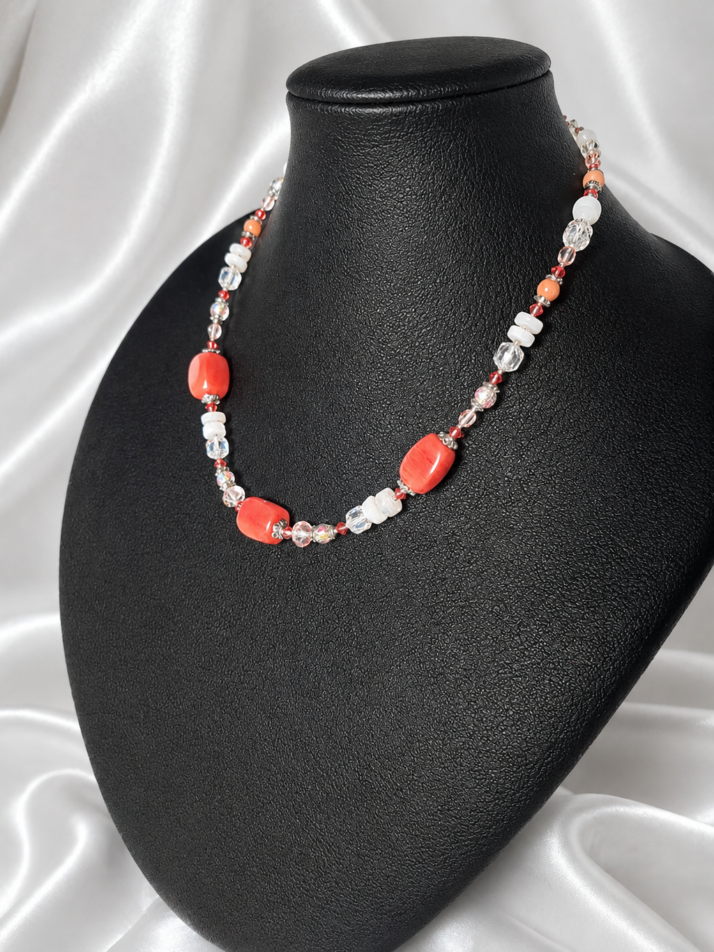 Red-Orange Chunky Coral & Floral Necklace