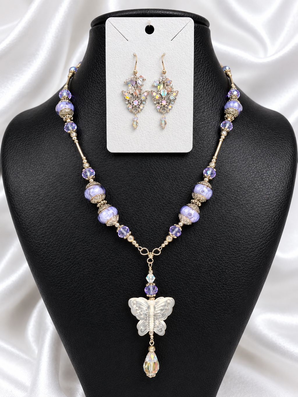 Lavender Butterfly Pandora Necklace & Crystal Earrings Set