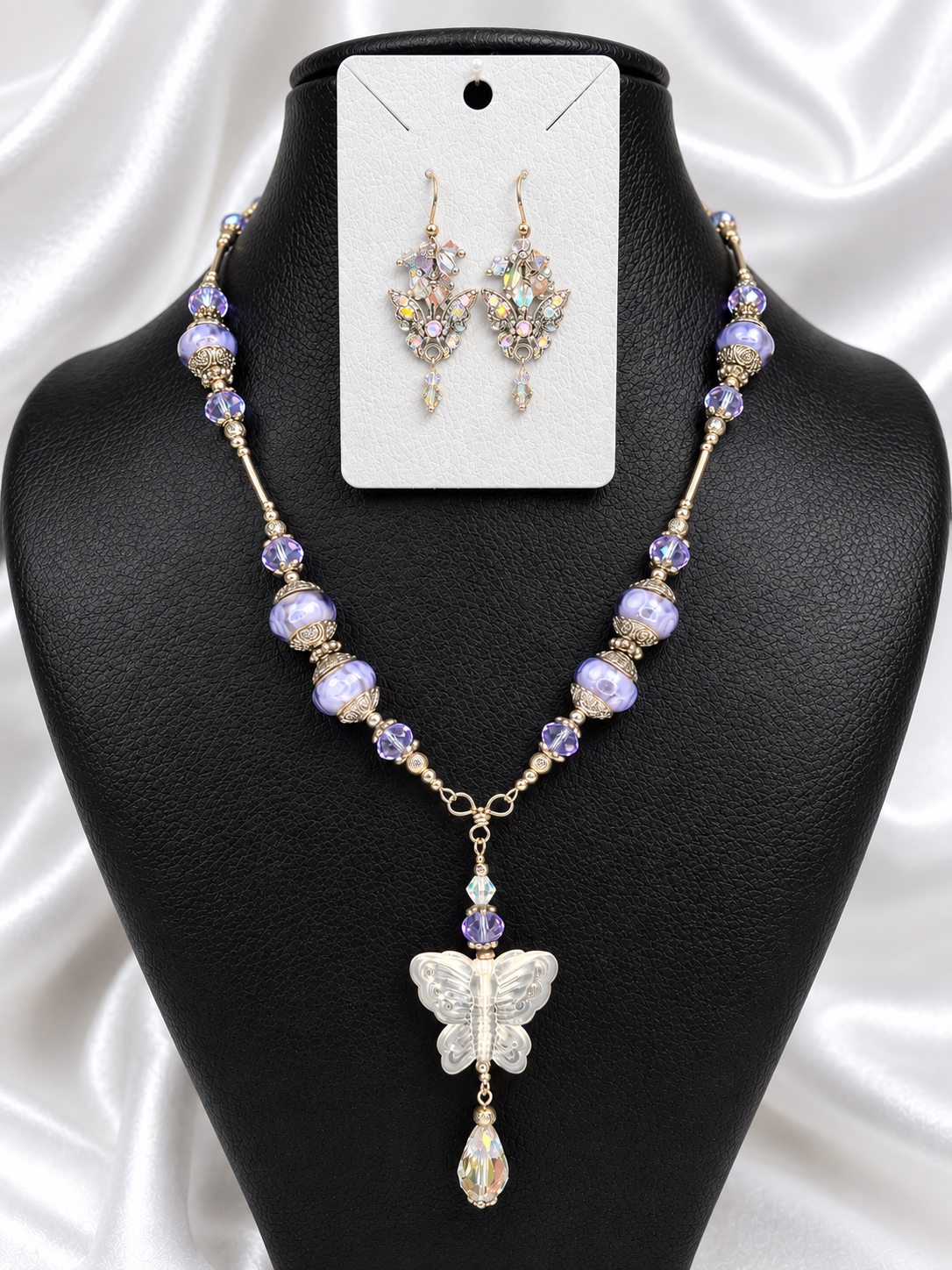 Lavender Butterfly Pandora Necklace & Crystal Earrings Set