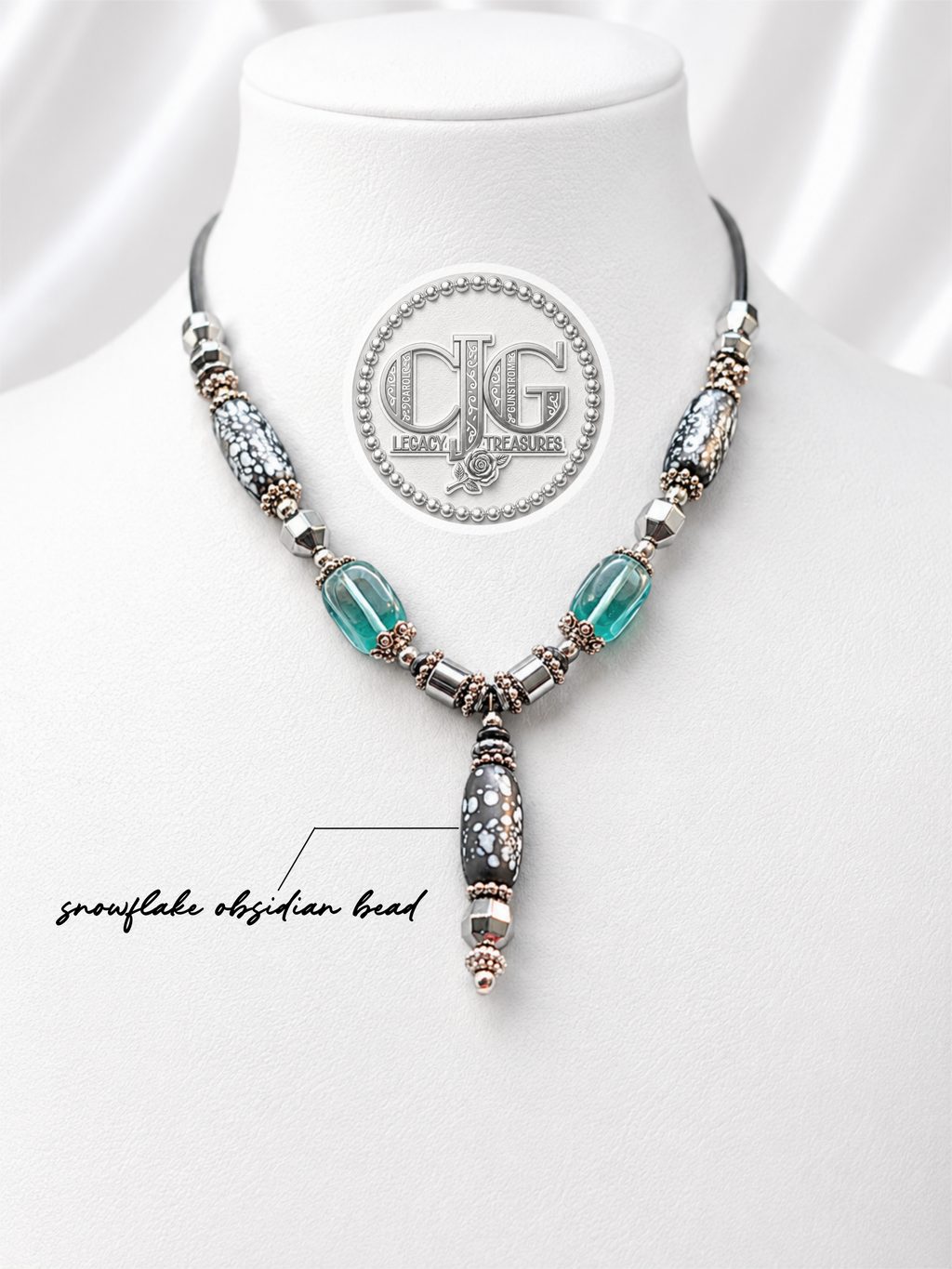 Snowflake Obsidian Barrel Pendant Necklace