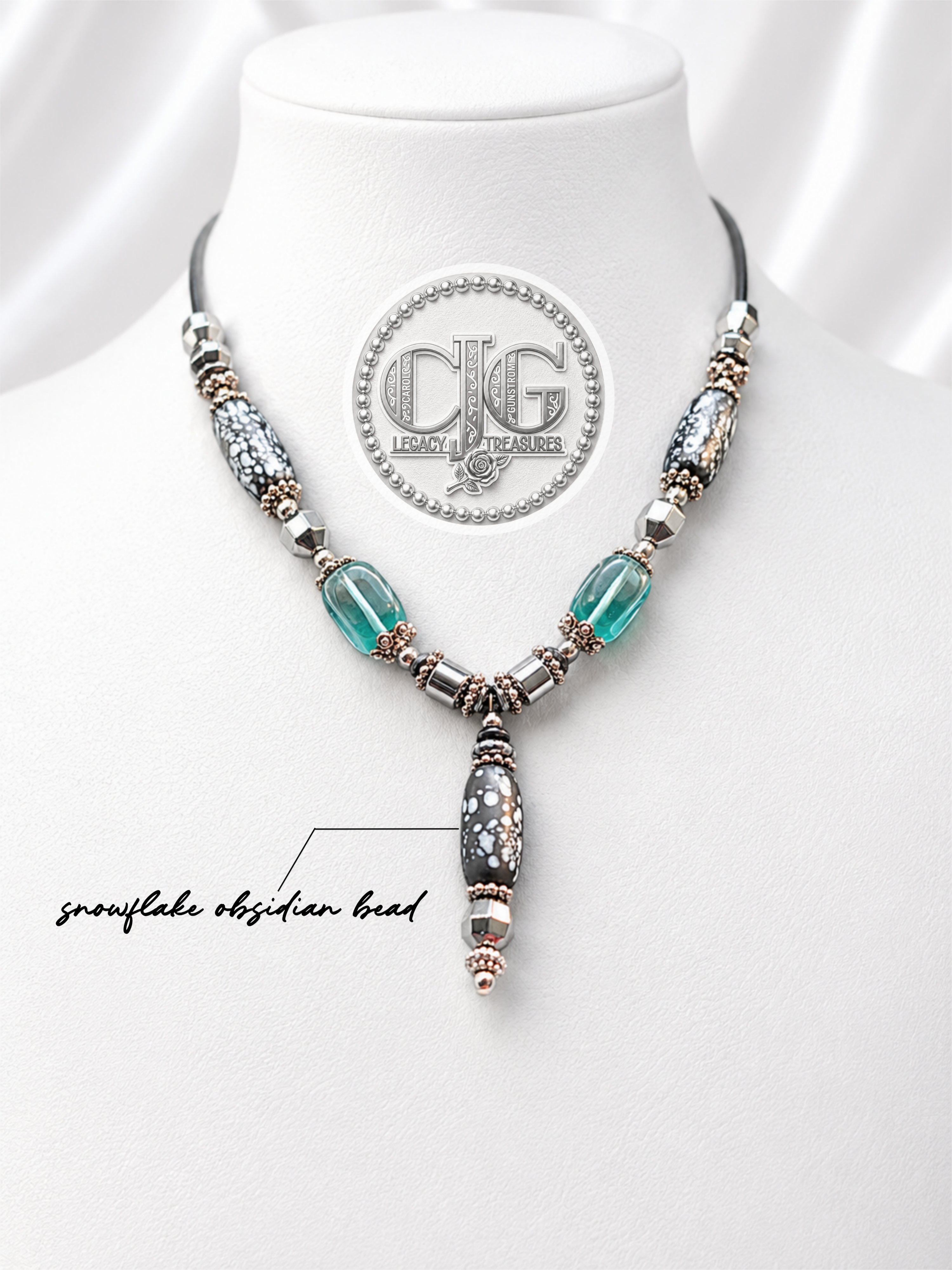 Snowflake Obsidian Barrel Pendant Necklace