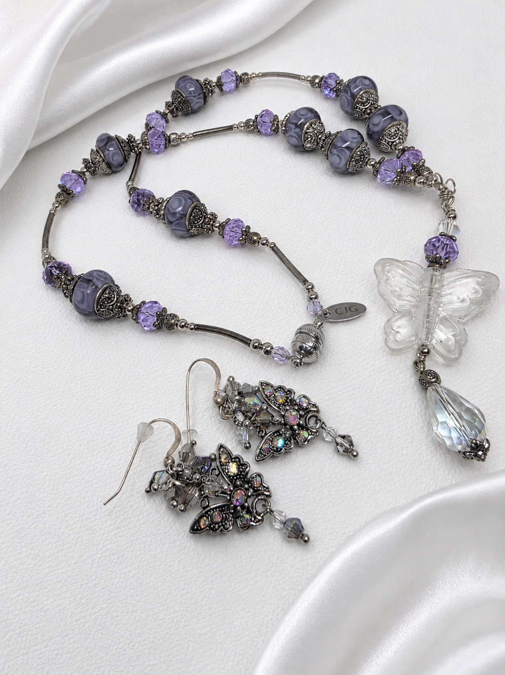 Lavender Butterfly Pandora Necklace & Crystal Earrings Set
