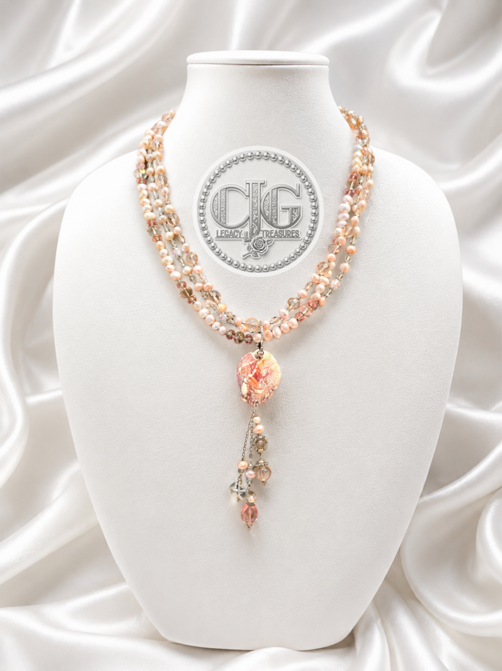 Rose & Coral Multi-Strand Pearl & Crystal Sea Shell Pendant Necklace