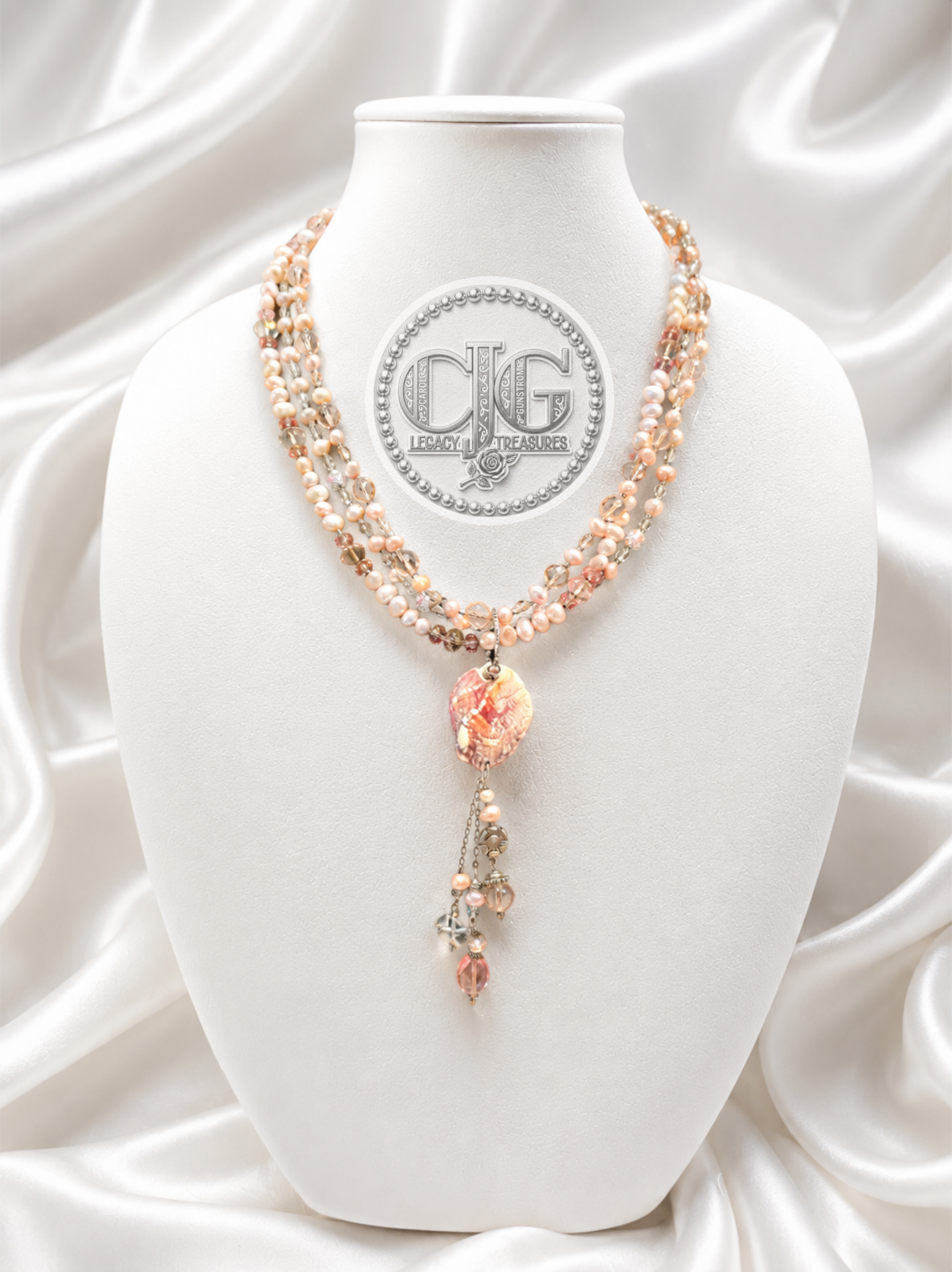 Rose & Coral Multi-Strand Pearl & Crystal Sea Shell Pendant Necklace