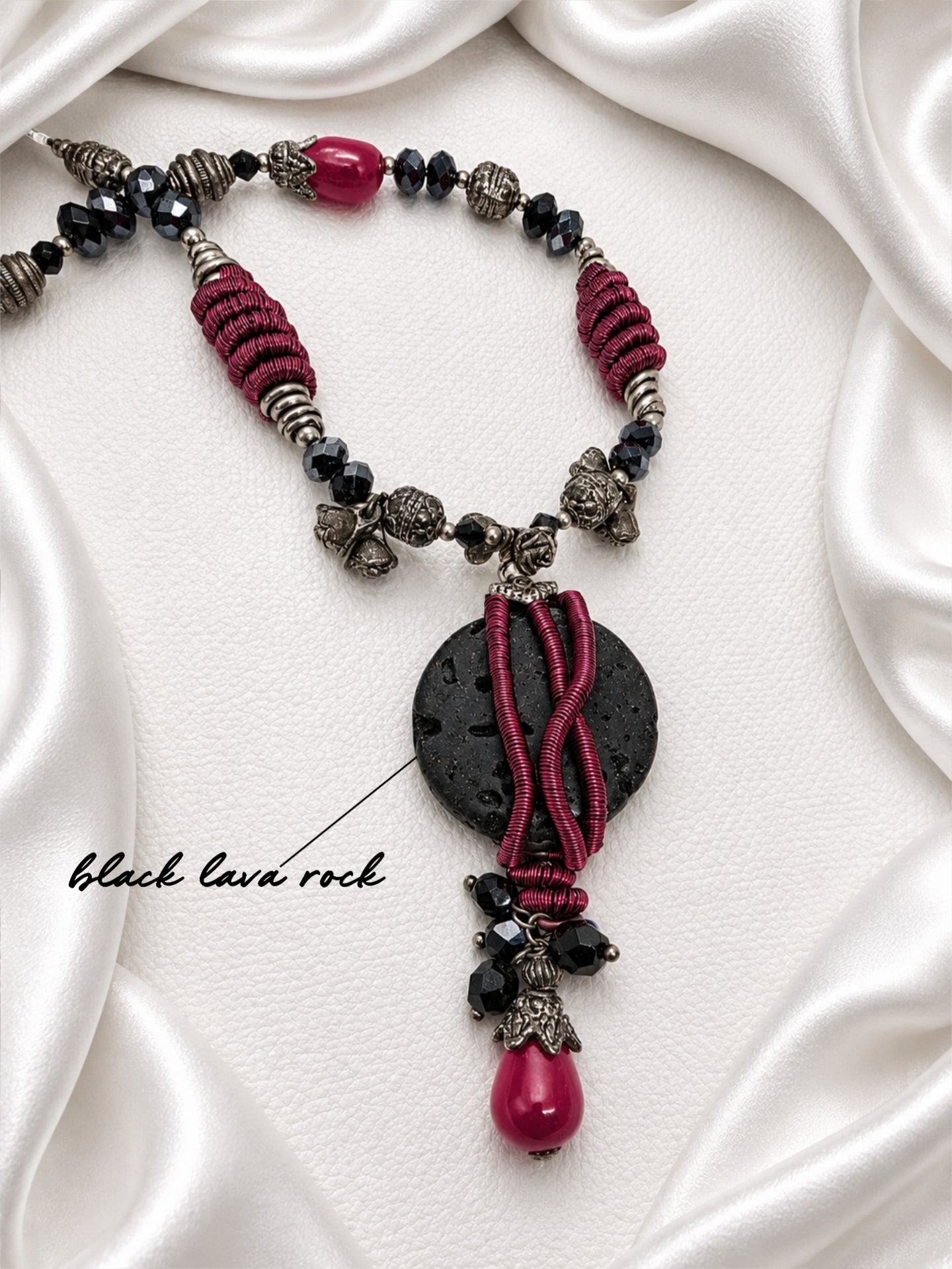 Wine Red Wire Wrap & Lava Rock Necklace
