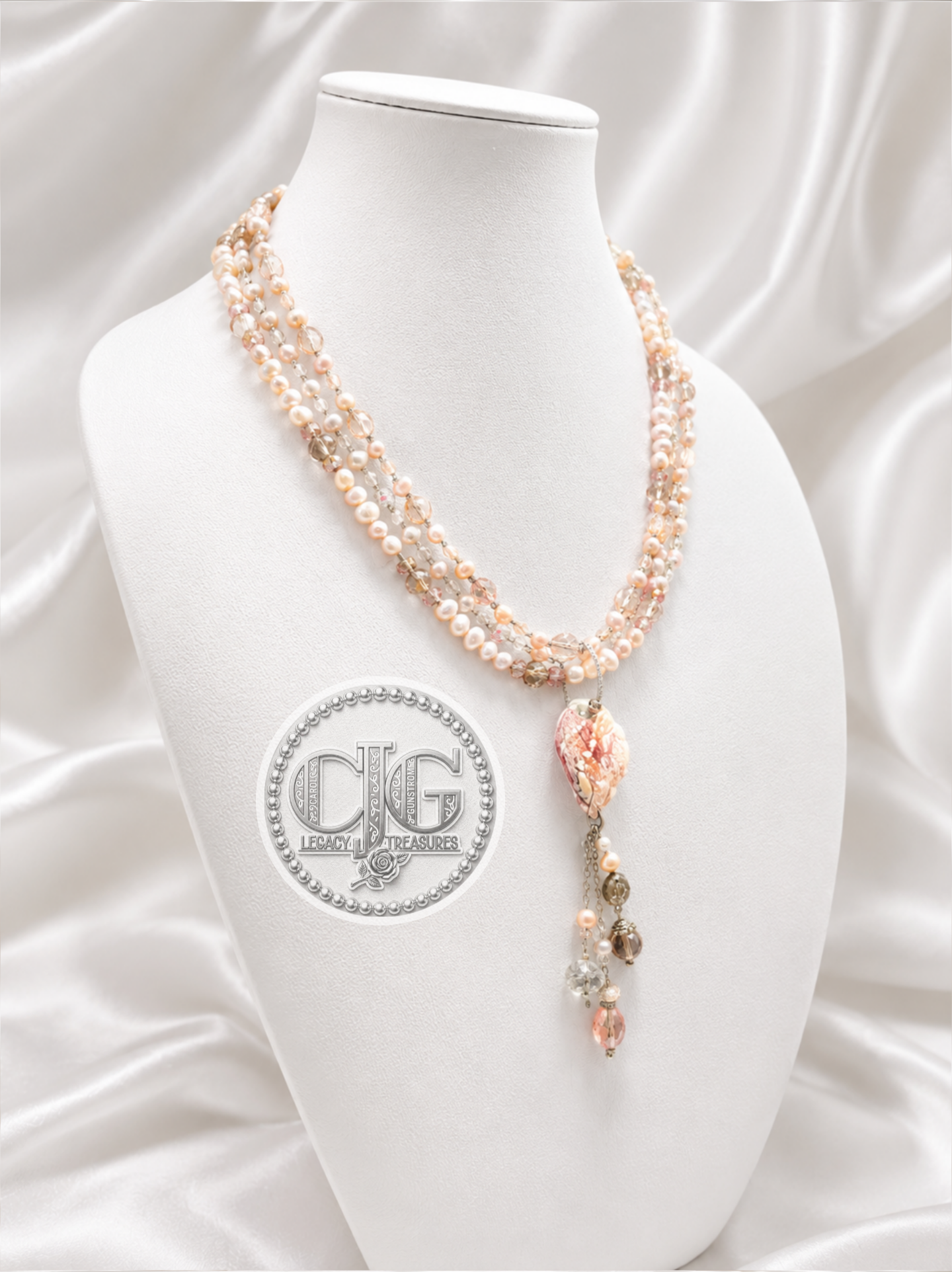 Rose & Coral Multi-Strand Pearl & Crystal Sea Shell Pendant Necklace