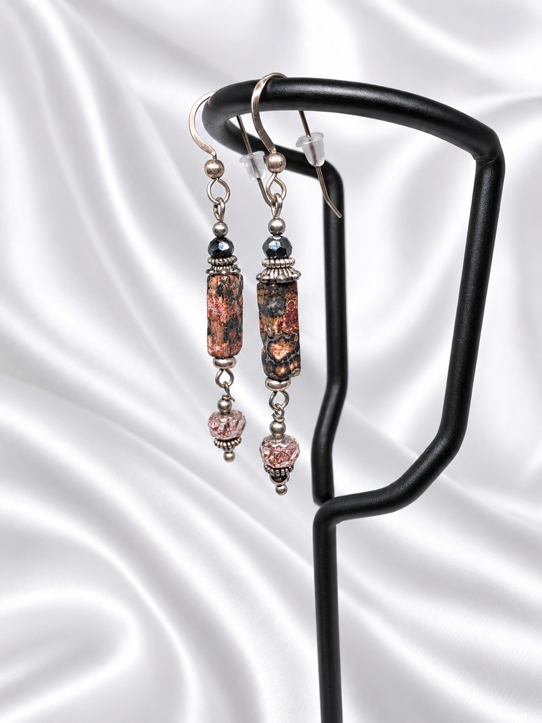 Red-Black Jasper & Crystal Drop Earrings