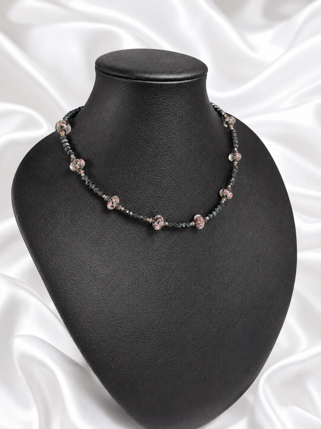 Black-Pink Crystal & Floral Necklace
