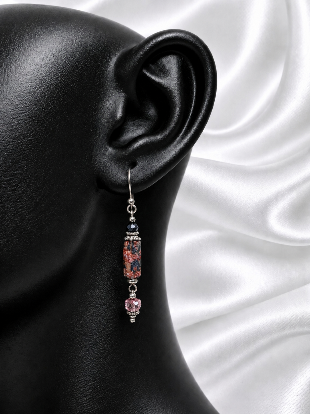 Red-Black Jasper & Crystal Drop Earrings