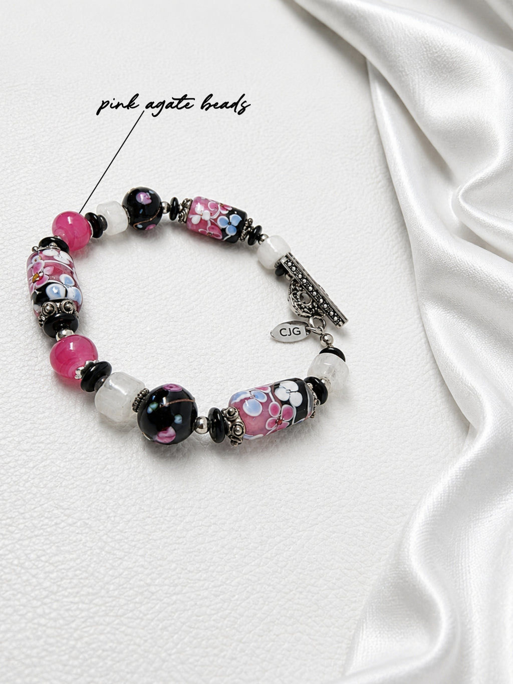 Pink & Black Floral Lampwork Bracelet