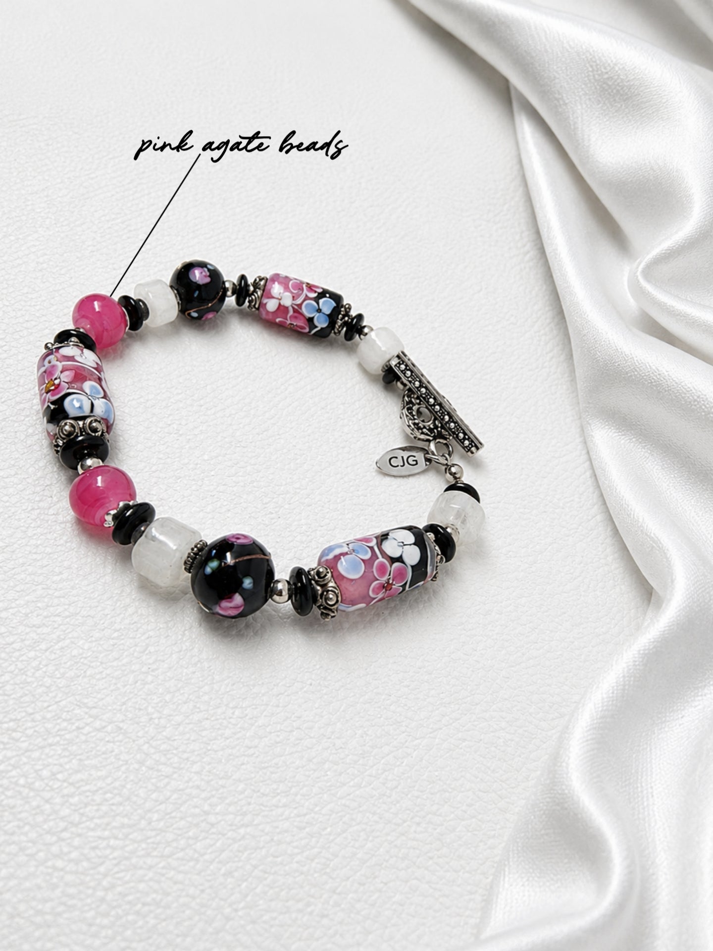 Pink & Black Floral Lampwork Bracelet