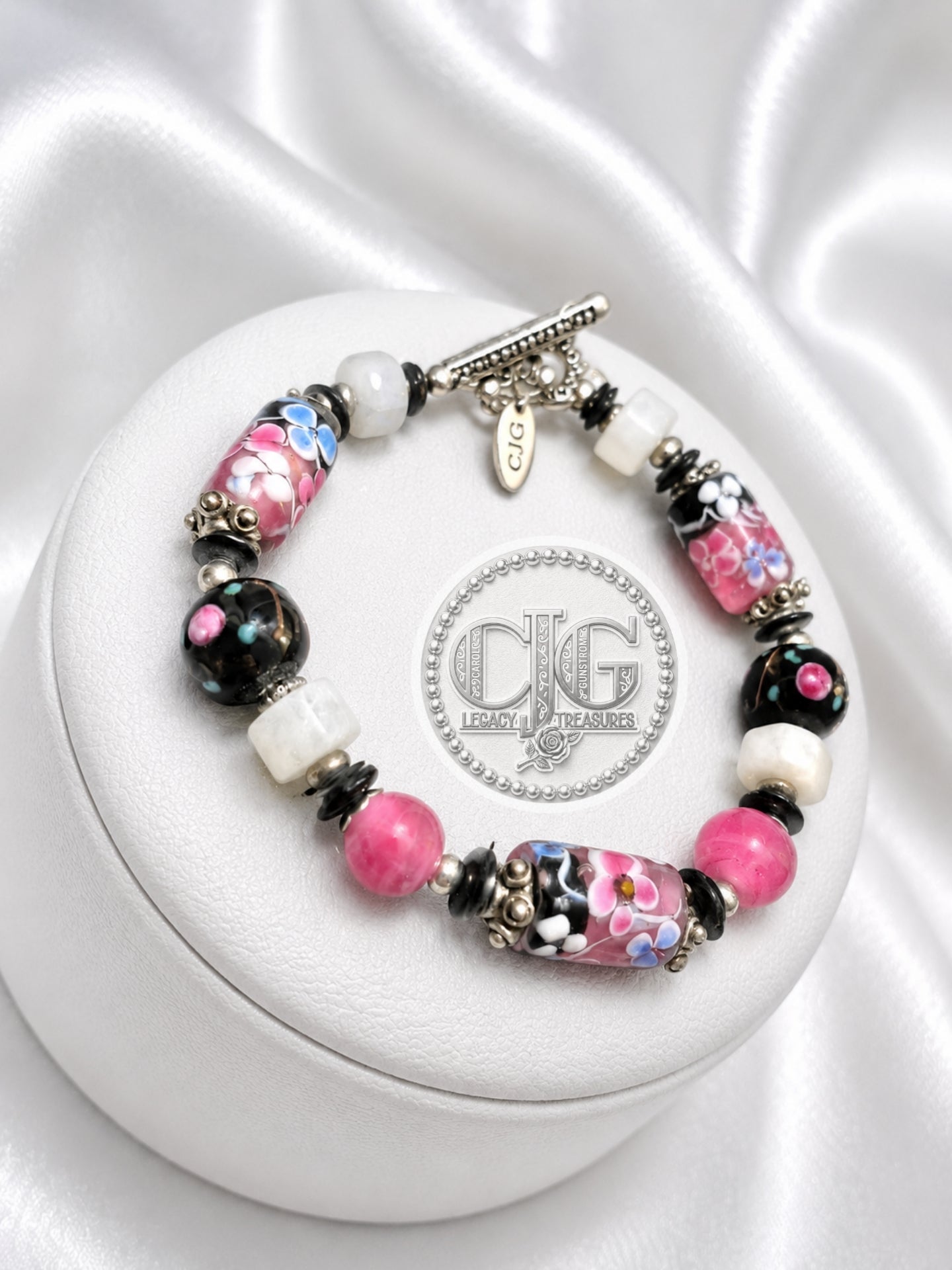 Pink & Black Floral Lampwork Bracelet