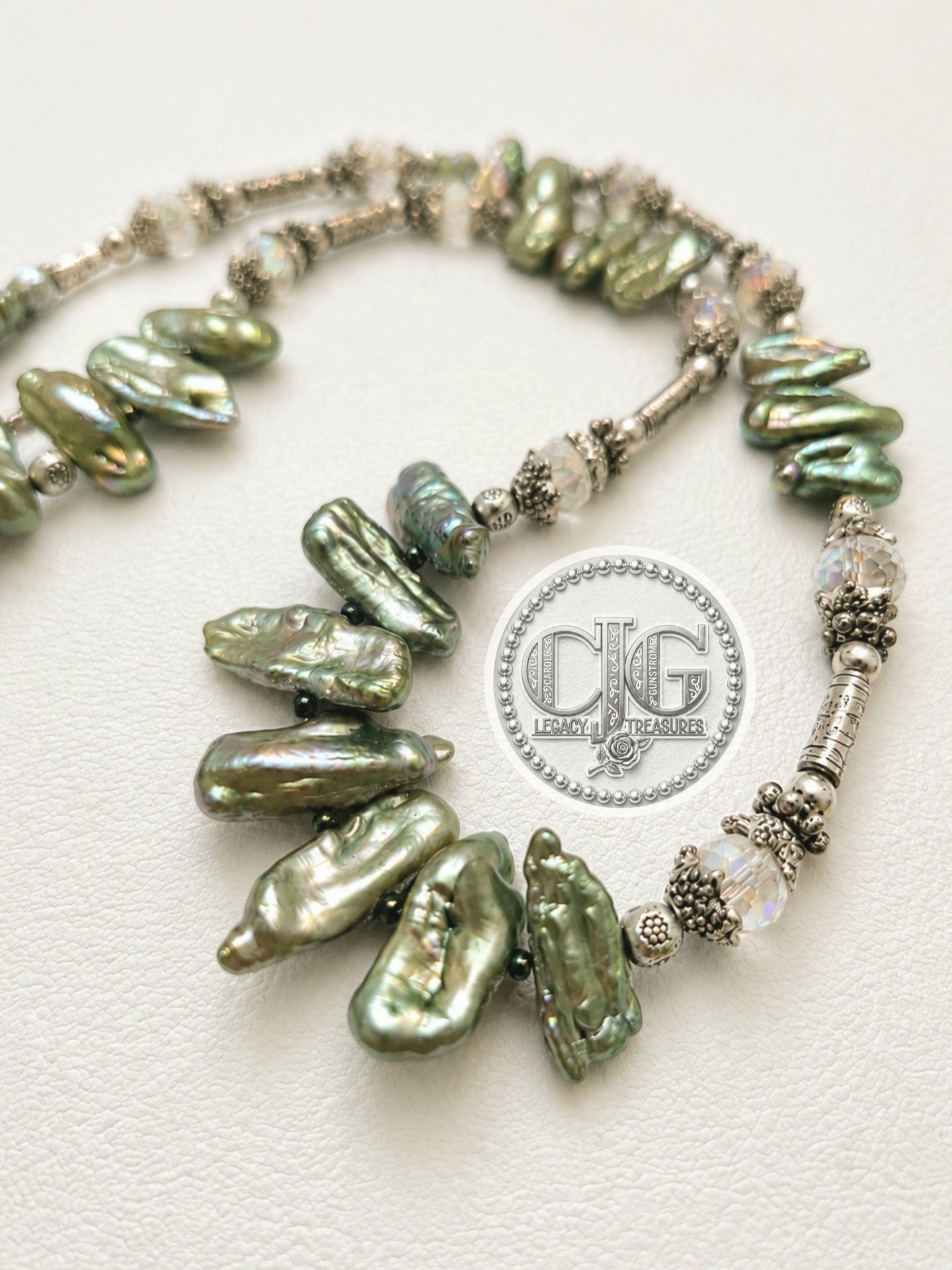 Sage Green Biwa Pearl & Silver Statement Necklace