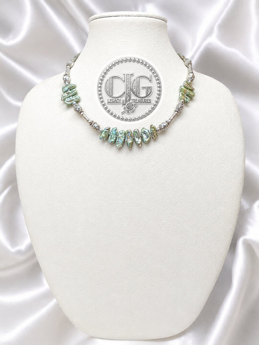 Sage Green Biwa Pearl & Silver Statement Necklace