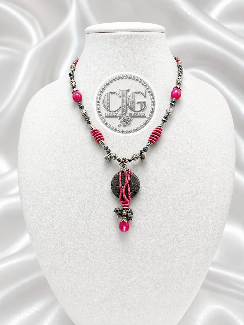 Rose Lava Rock Wire Wrapped Pendant Necklace