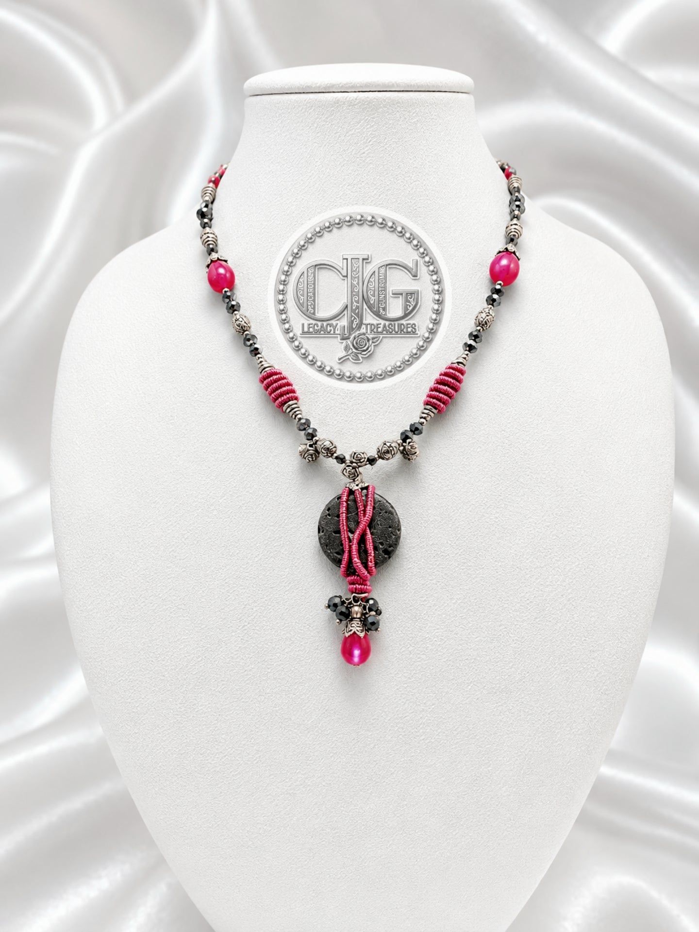 Rose Lava Rock Wire Wrapped Pendant Necklace
