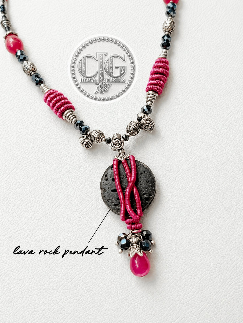 Rose Lava Rock Wire Wrapped Pendant Necklace
