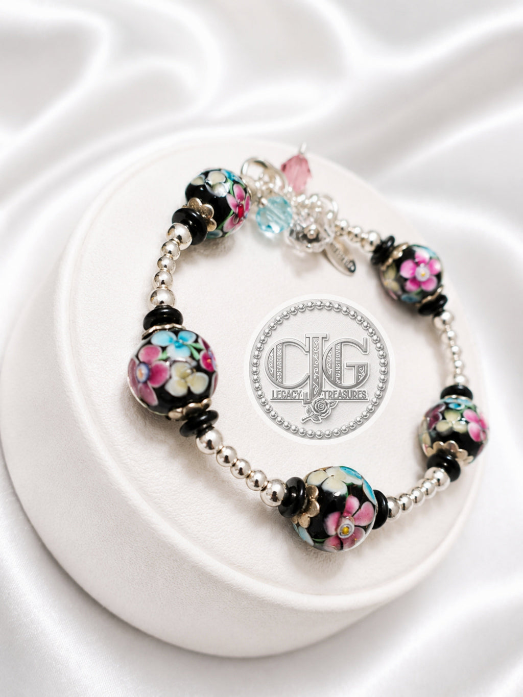 Midnight Garden Floral Lampwork Bracelet