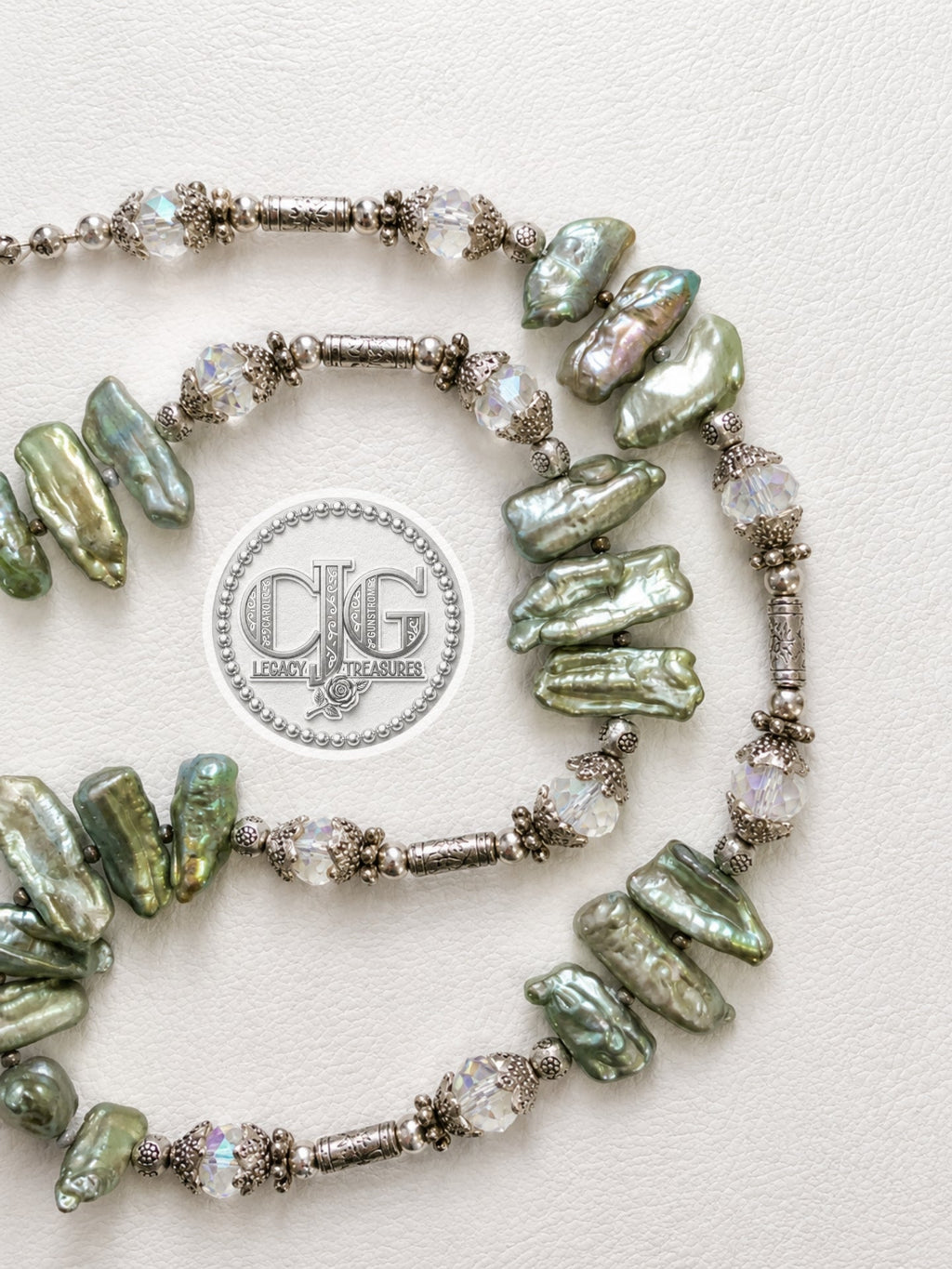 Sage Green Biwa Pearl & Silver Statement Necklace