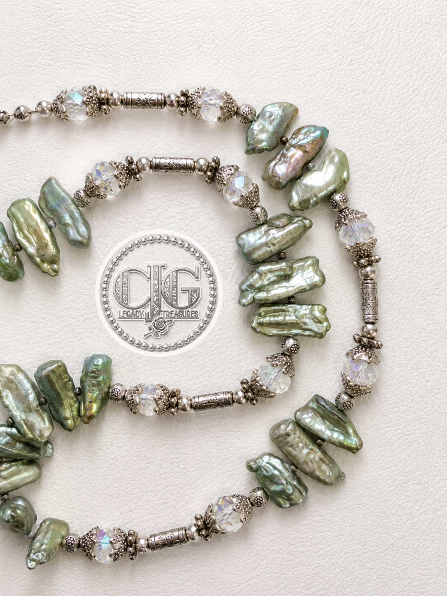 Sage Green Biwa Pearl & Silver Statement Necklace
