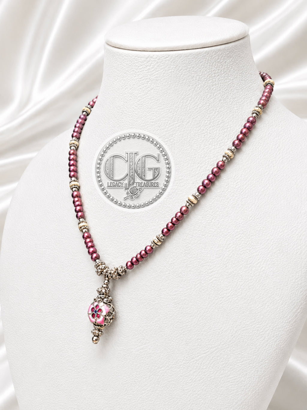 Burgundy Pearl & Filigree Pendant Necklace
